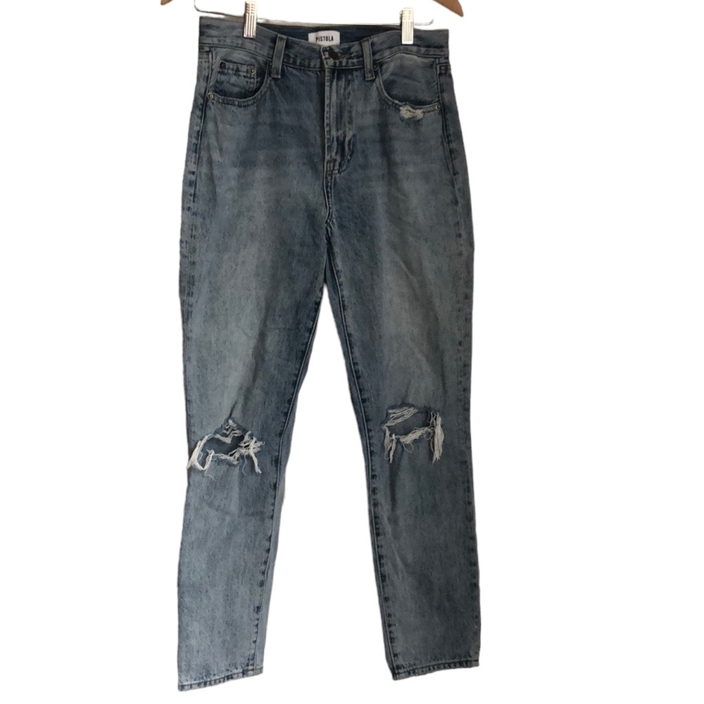 PISTOLA distressed cropped blue jeans busted knee size 27